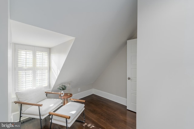 living area featuring dark wood-type flooring and vaulted ceiling