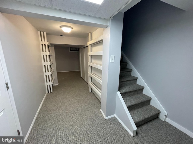 hall with a paneled ceiling and carpet flooring