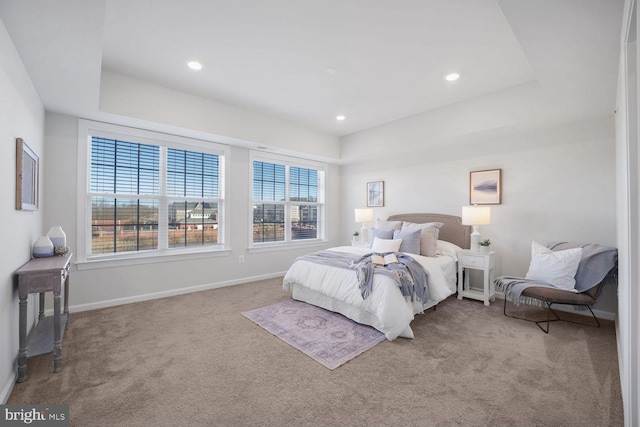 bedroom with a raised ceiling and light carpet