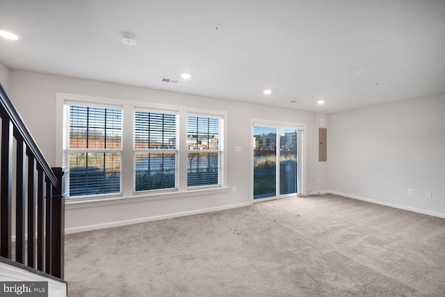 carpeted spare room featuring a healthy amount of sunlight and electric panel