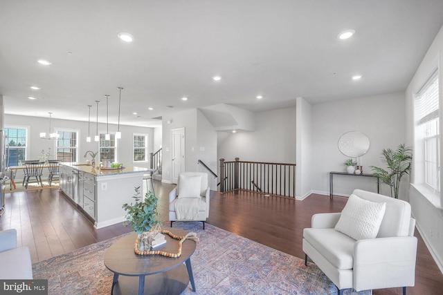 living room with sink and dark wood-type flooring