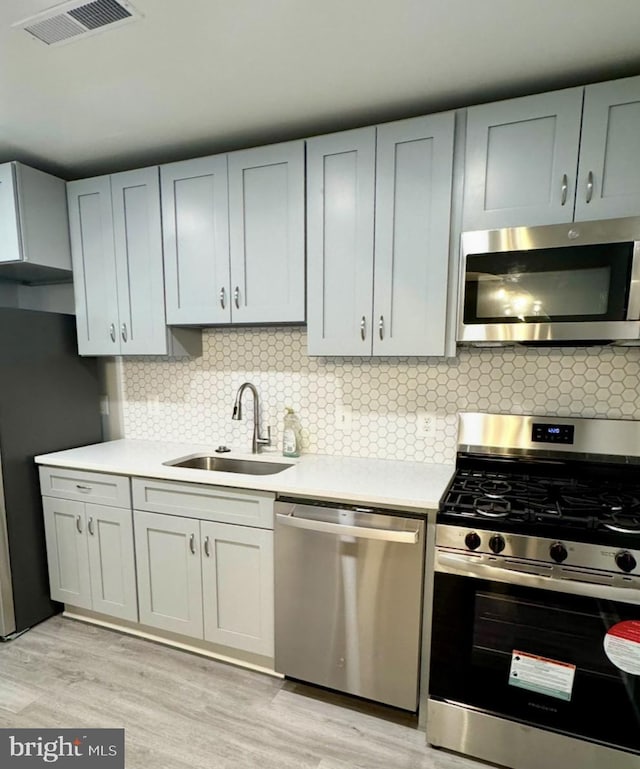 kitchen featuring stainless steel appliances, sink, light wood-type flooring, and decorative backsplash