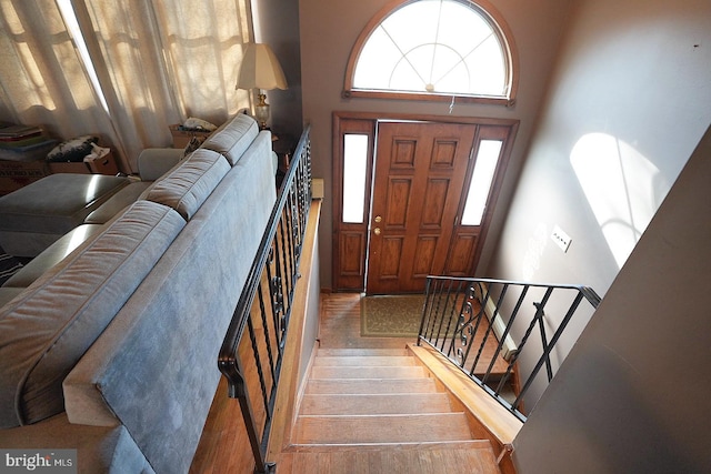 entryway featuring hardwood / wood-style flooring and a towering ceiling