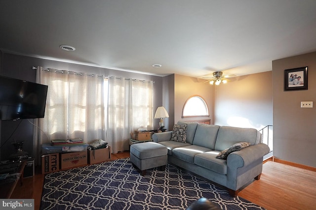 living room featuring ceiling fan and hardwood / wood-style floors