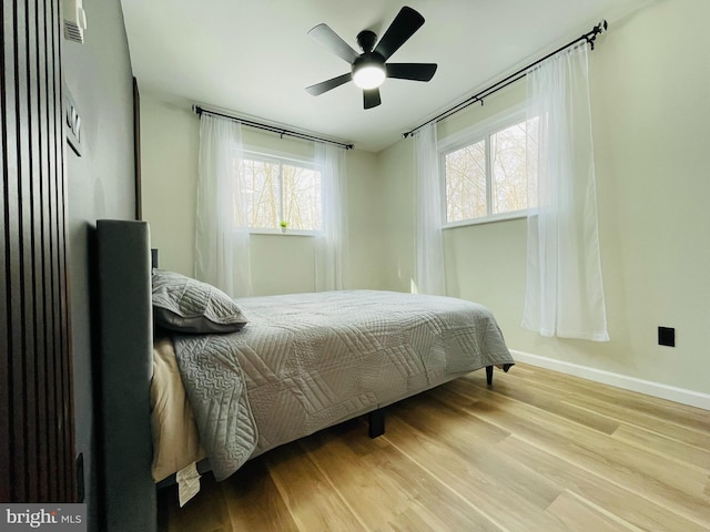 bedroom featuring ceiling fan and light wood-type flooring