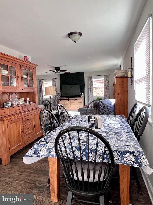 dining area featuring dark wood-type flooring and ceiling fan