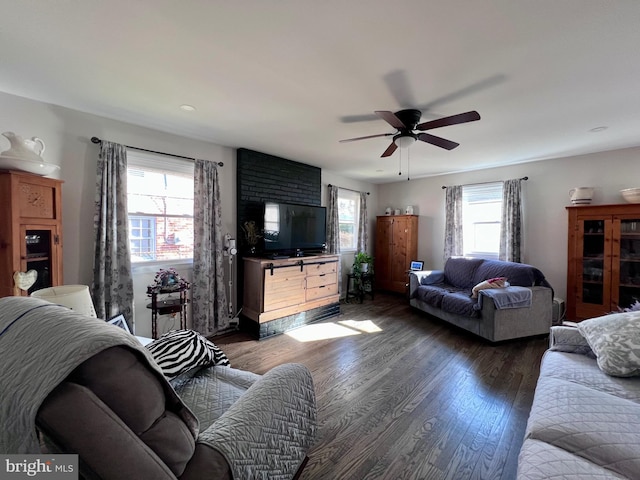 living room featuring a wealth of natural light, dark hardwood / wood-style floors, and ceiling fan