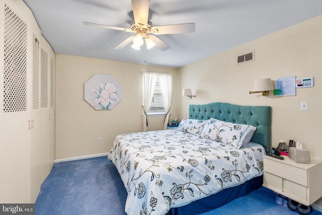 bedroom featuring ceiling fan and carpet floors