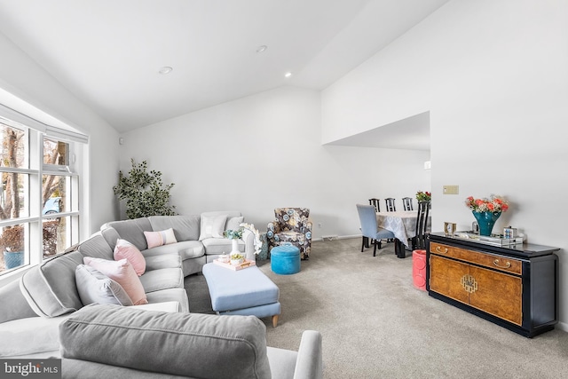 carpeted living room with high vaulted ceiling