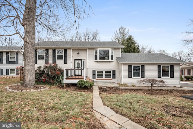 bi-level home featuring a patio and a front lawn