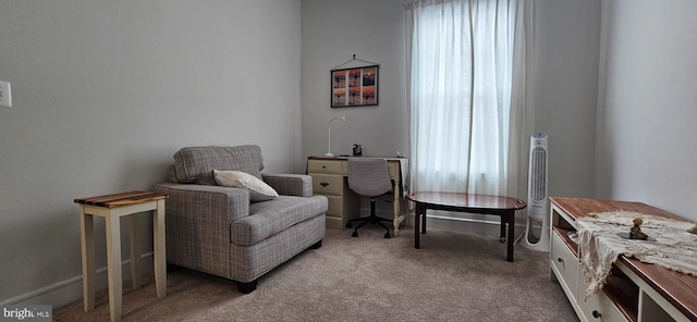 sitting room featuring light colored carpet