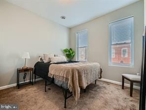 bedroom featuring multiple windows and carpet flooring