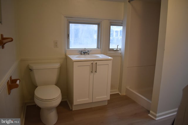 bathroom featuring vanity, hardwood / wood-style flooring, and toilet