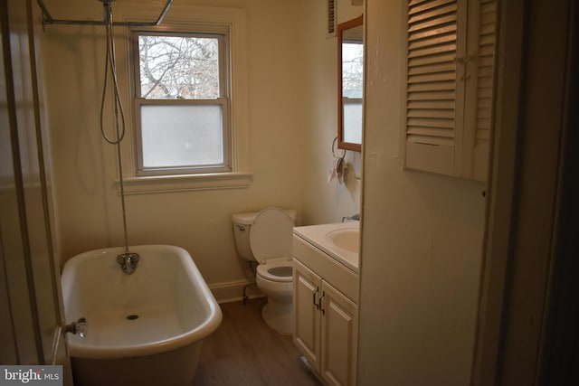 bathroom with vanity, plenty of natural light, toilet, and a tub to relax in