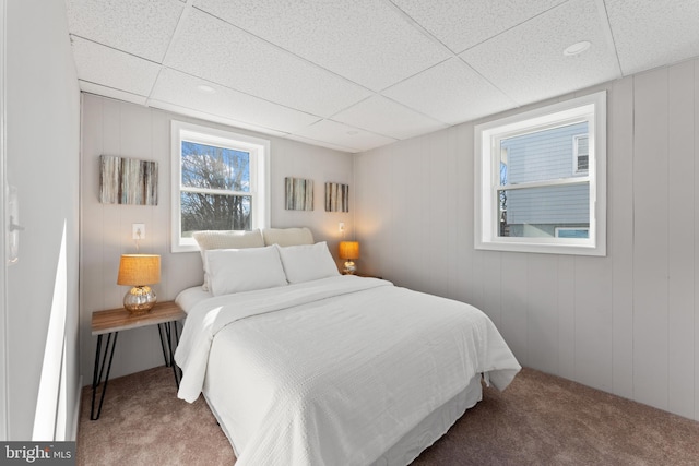 bedroom with carpet floors and a drop ceiling