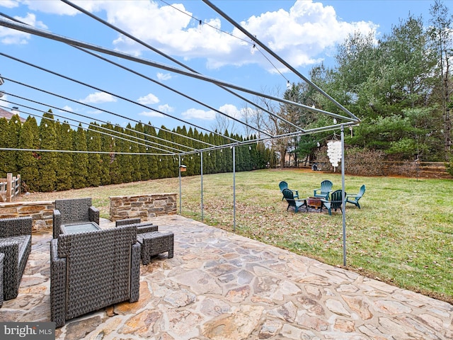 view of patio / terrace featuring an outdoor living space with a fire pit