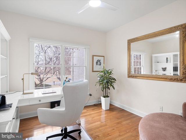 office with a wealth of natural light, ceiling fan, and light hardwood / wood-style flooring