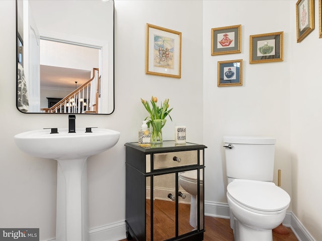 bathroom featuring wood-type flooring and toilet