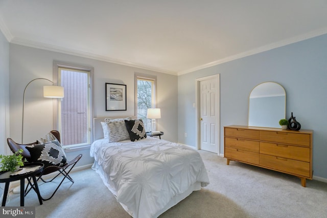 bedroom featuring light carpet and ornamental molding