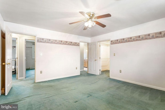 unfurnished room with dark carpet, ceiling fan, and baseboard heating