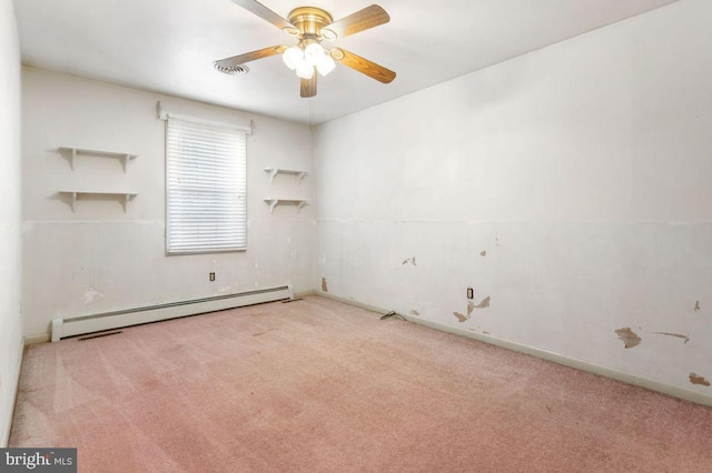 unfurnished room with a baseboard heating unit, light colored carpet, and ceiling fan