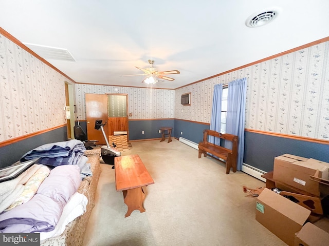 carpeted living room featuring crown molding, a baseboard radiator, an AC wall unit, and ceiling fan