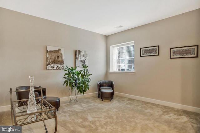 sitting room featuring light carpet