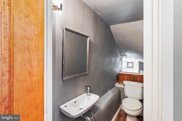 bathroom with lofted ceiling, sink, and toilet