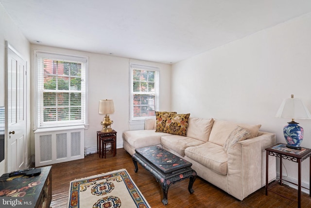 living room featuring radiator heating unit and dark hardwood / wood-style flooring