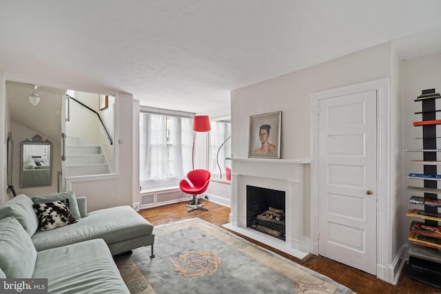 living room with dark wood-type flooring