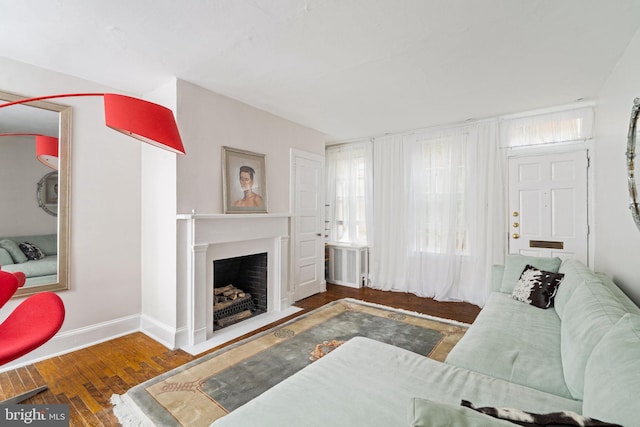 living room with radiator heating unit and dark hardwood / wood-style flooring