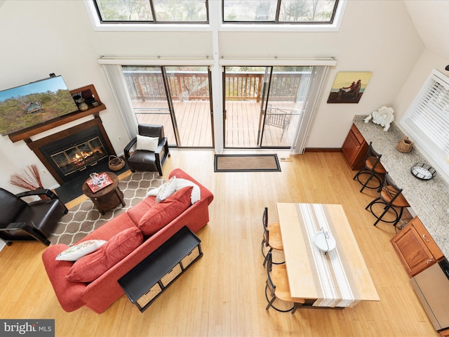 living room featuring light hardwood / wood-style flooring, a towering ceiling, and a wealth of natural light