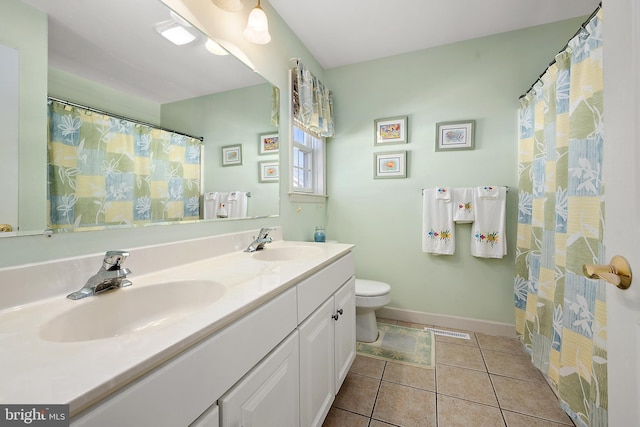 bathroom with vanity, tile patterned floors, and toilet