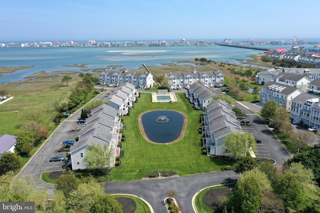 aerial view featuring a water view