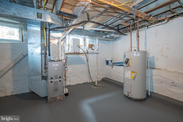 basement with electric water heater and heating unit