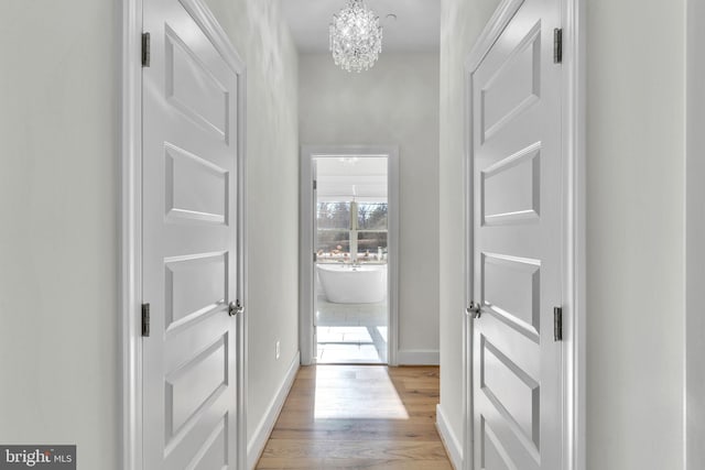 hall featuring an inviting chandelier and light hardwood / wood-style floors