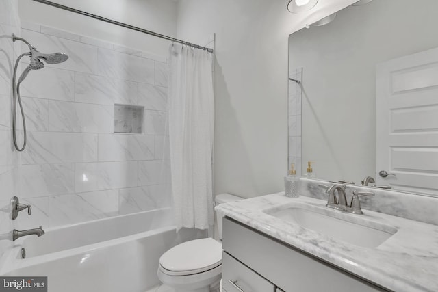 full bathroom with toilet, vanity, and shower / bathtub combination with curtain