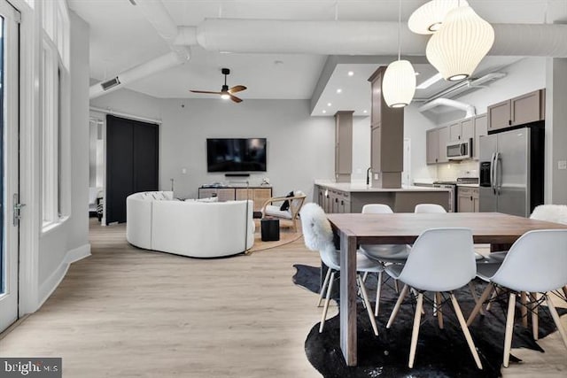 dining space featuring sink, light hardwood / wood-style floors, and ceiling fan