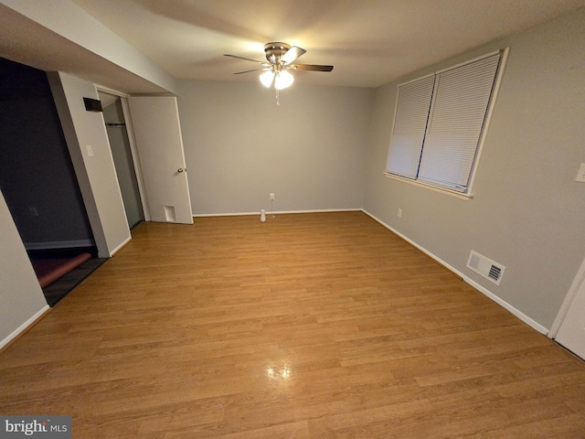 unfurnished bedroom with light hardwood / wood-style flooring and ceiling fan