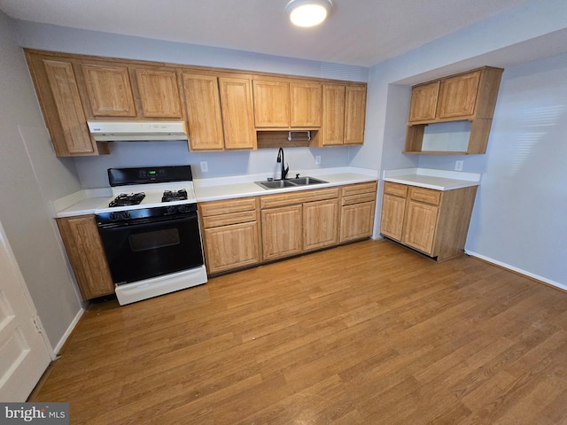 kitchen with sink, range with gas cooktop, and light hardwood / wood-style floors