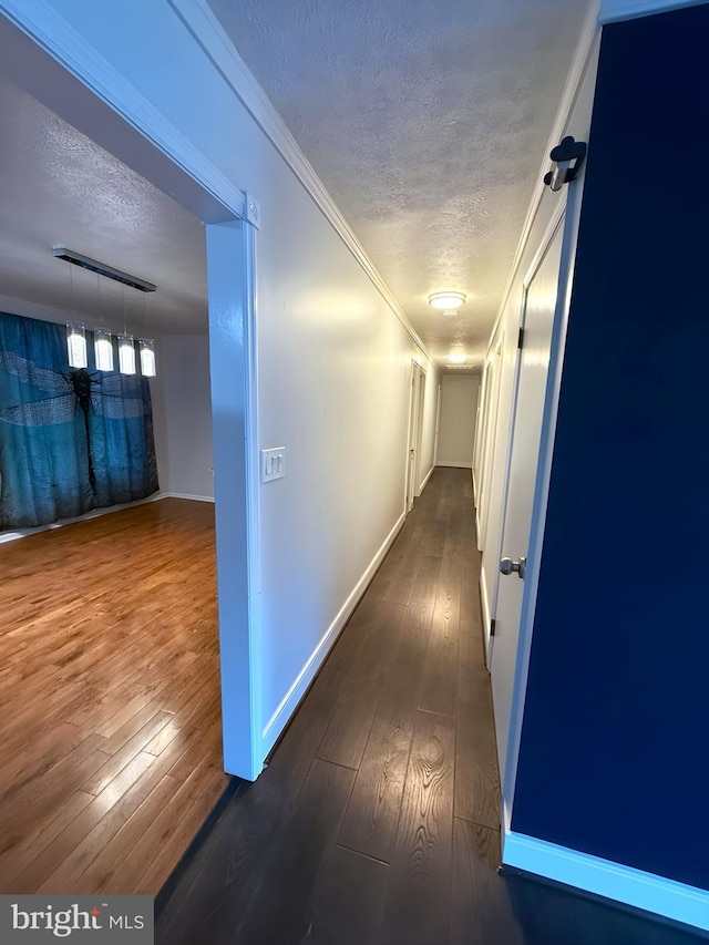 hall featuring crown molding, dark wood-type flooring, and a textured ceiling