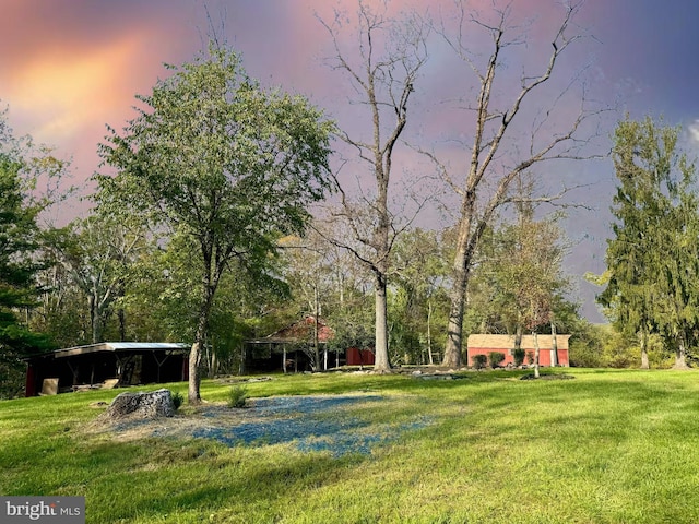 yard at dusk with an outbuilding