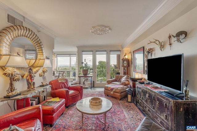 living room featuring crown molding