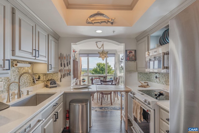 kitchen with crown molding, appliances with stainless steel finishes, dark wood-type flooring, and sink