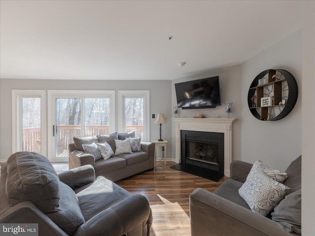 living room featuring dark wood-type flooring and a healthy amount of sunlight