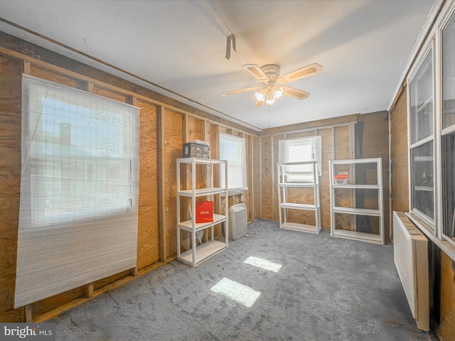 interior space featuring carpet floors and ceiling fan