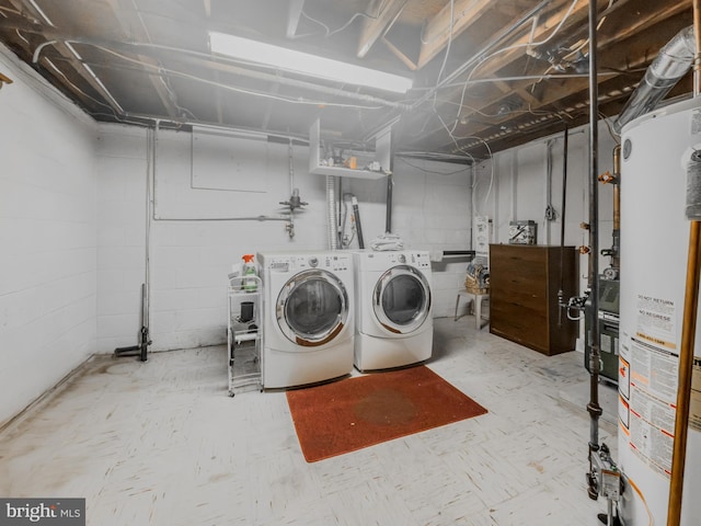 laundry room with washing machine and clothes dryer and gas water heater