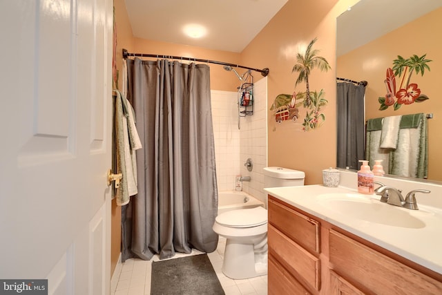 full bathroom with vanity, tile patterned flooring, toilet, and shower / bath combo with shower curtain