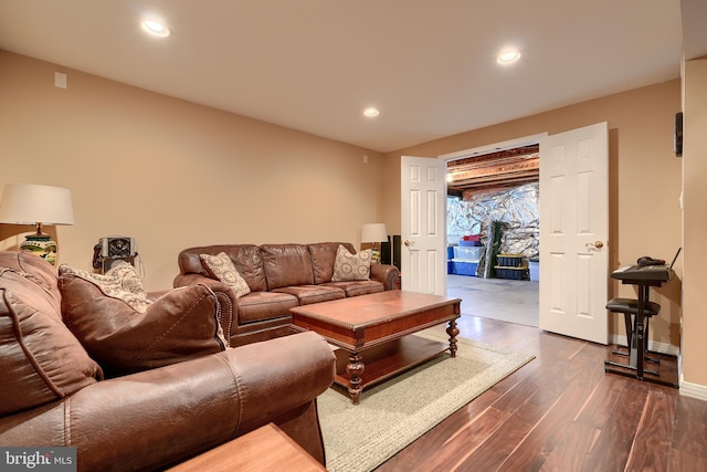 living room featuring dark wood-type flooring