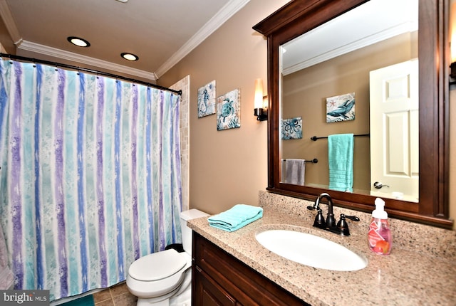 bathroom featuring tile patterned floors, ornamental molding, toilet, and vanity